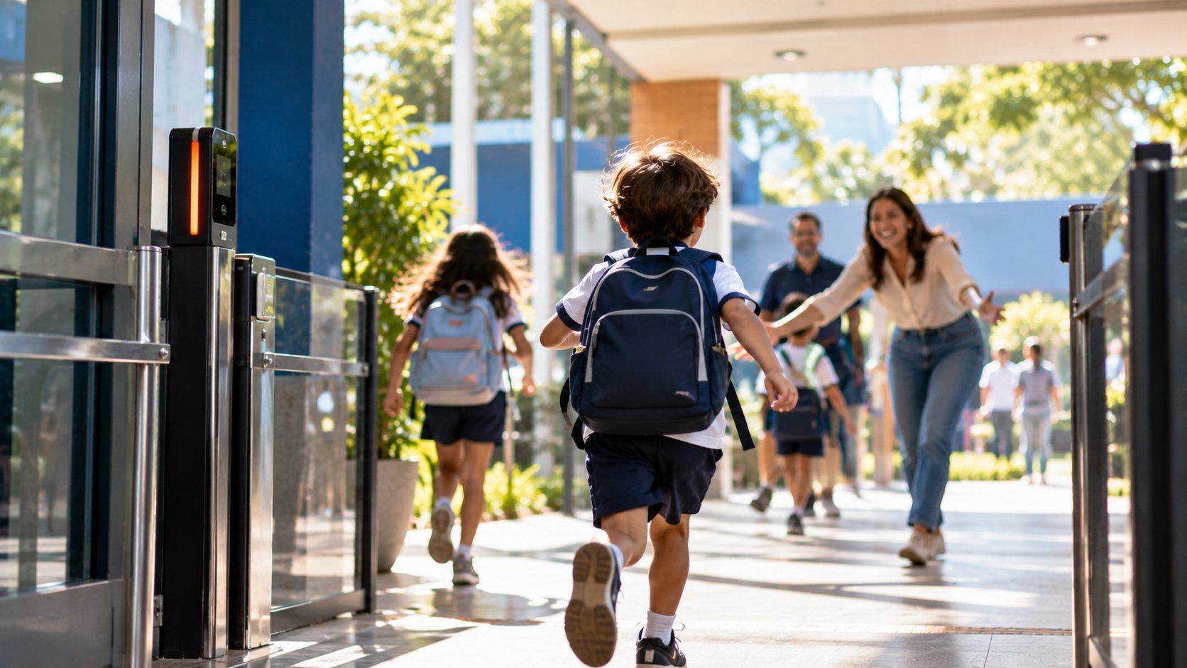 Alunos saem correndo pela catraca da escola em direção às famílias